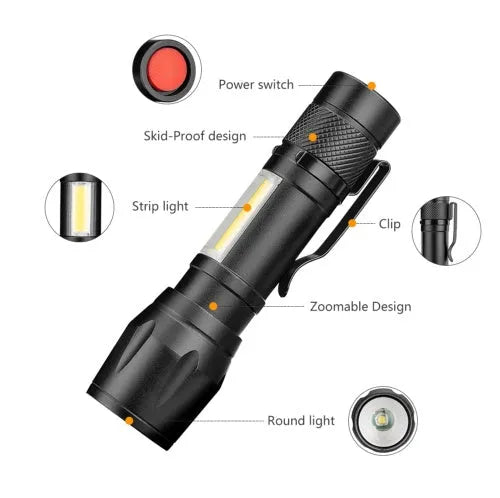 Black aluminium alloy telescopic LED torch with adjustable focus and clip