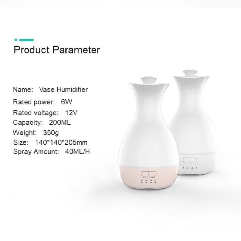 White ultrasonic aromatherapy vase diffuser with colourful LED night light and 200ml water capacity