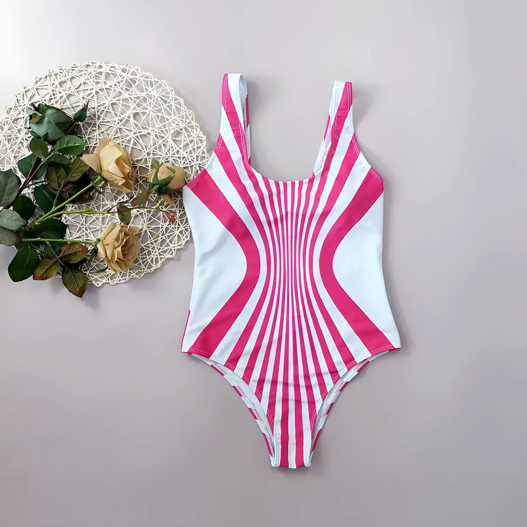 Women's pink striped one-piece swimsuit with digital printing front and back.