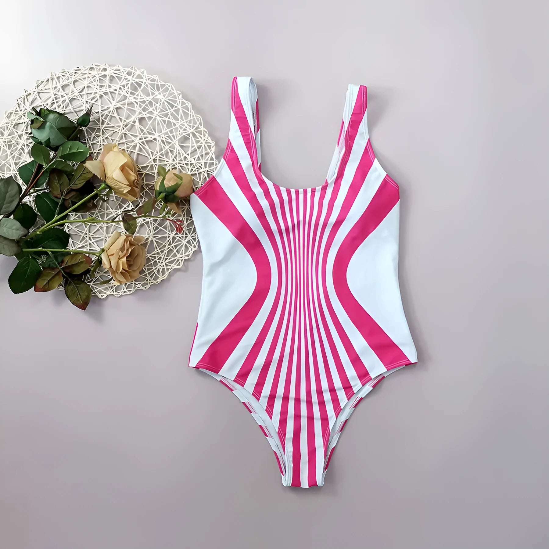 Women's pink striped one-piece swimsuit with digital printing front and back.