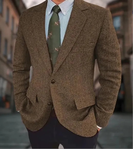 Men's brown herringbone suit jacket with long sleeves and retro business casual styling