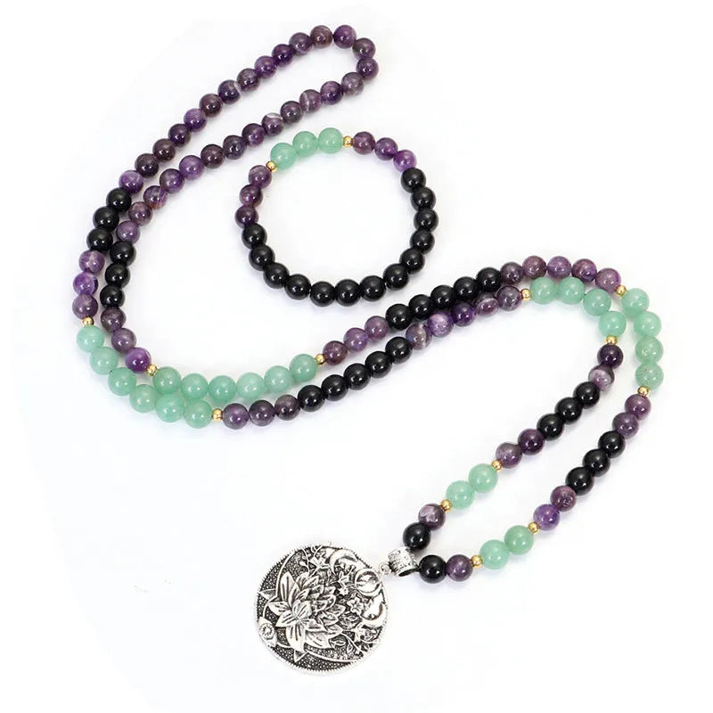 Dongling Long yoga necklace and bracelet set with stone beads and lotus pendant