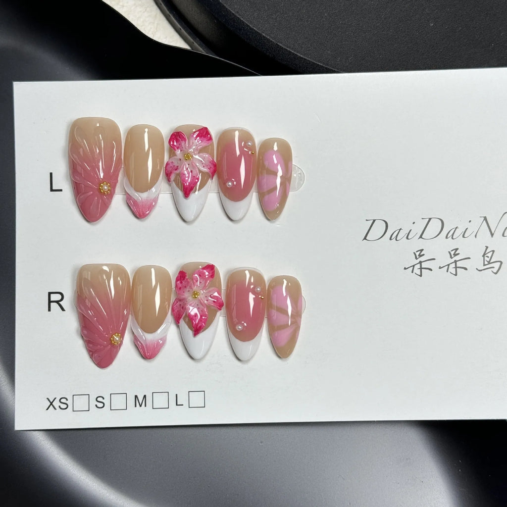 French style plastic manicure practice armour with 3D lily and ice flower design in almond shape.