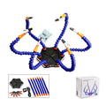 Black and purple aluminium alloy six-jaw welding station with multiple arms for model repair.