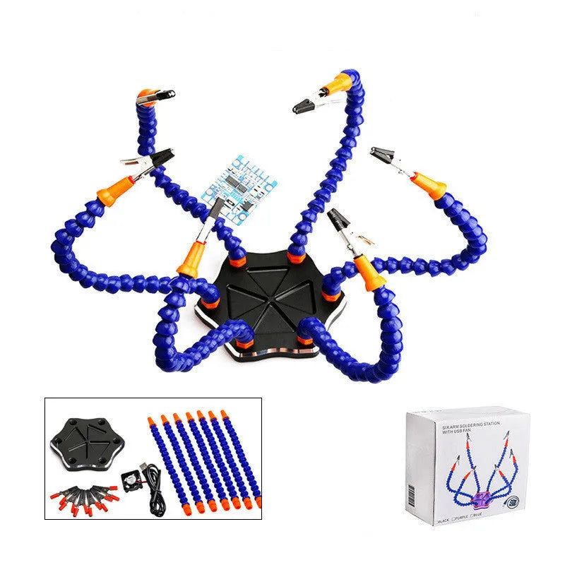 Black and purple aluminium alloy six-jaw welding station with multiple arms for model repair.