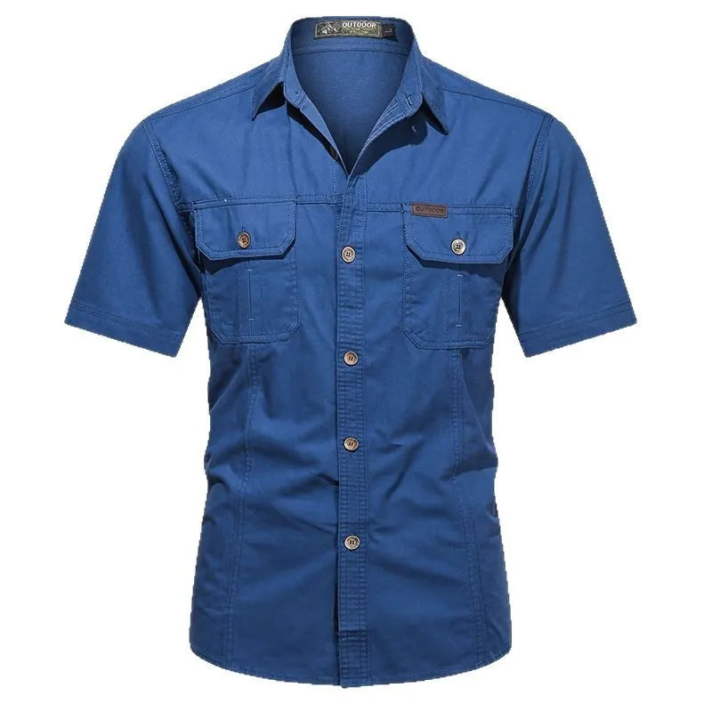 Men's army green cotton short sleeve work shirt with a loose fit and non-iron finish.