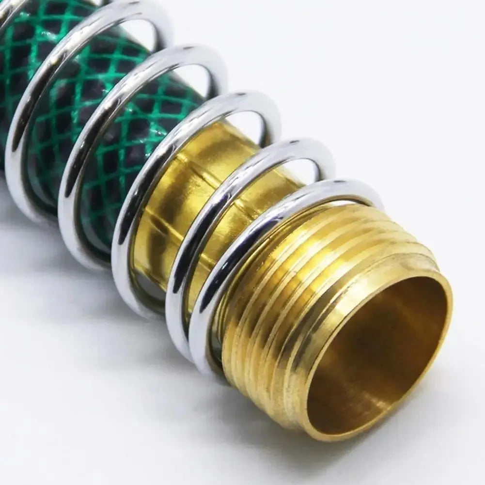 Brass garden hose connector with spiral spring mechanism showing threaded 3/4 inch connections