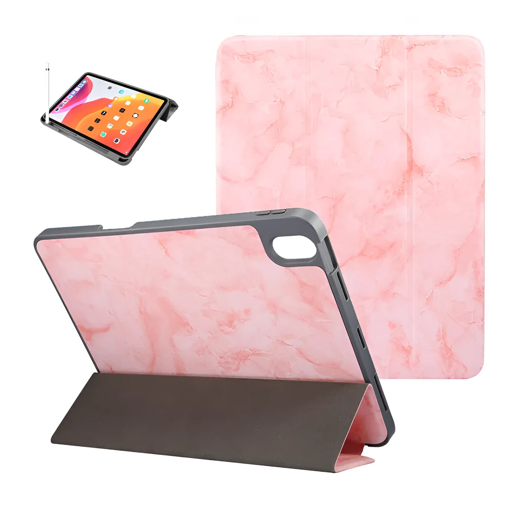 iPad tri-fold leather case with marbling design showing built-in Apple Pencil slot and plane housing construction