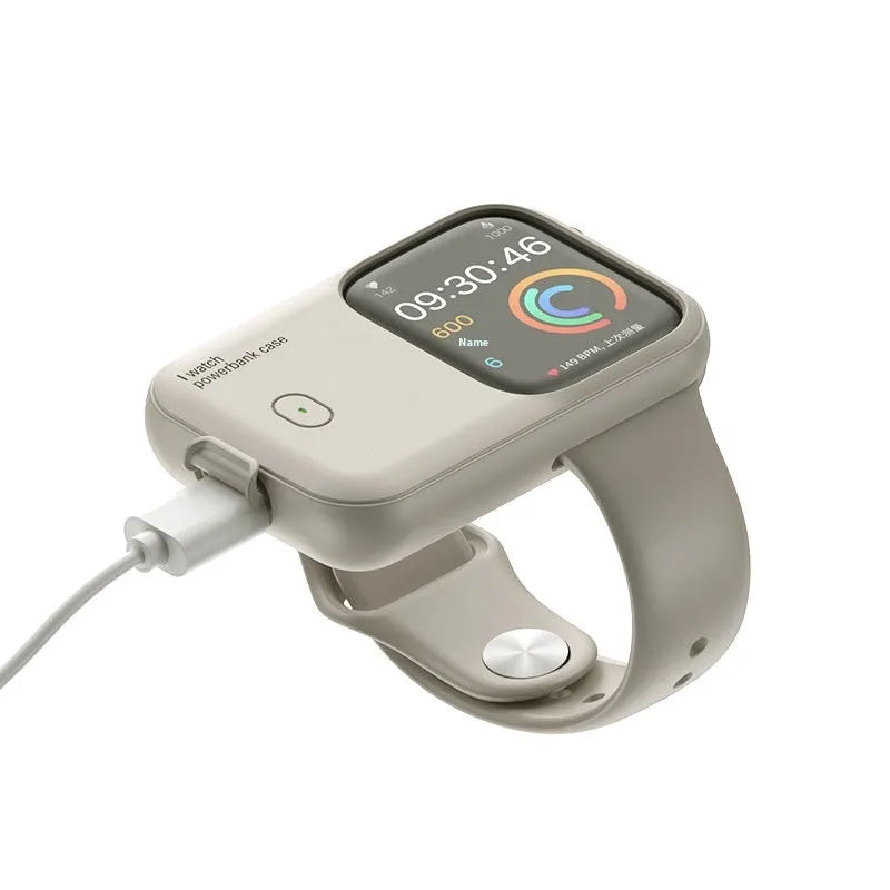 Apple Watch portable charging case with silicone cover in brown, midnight blue or starlight colours