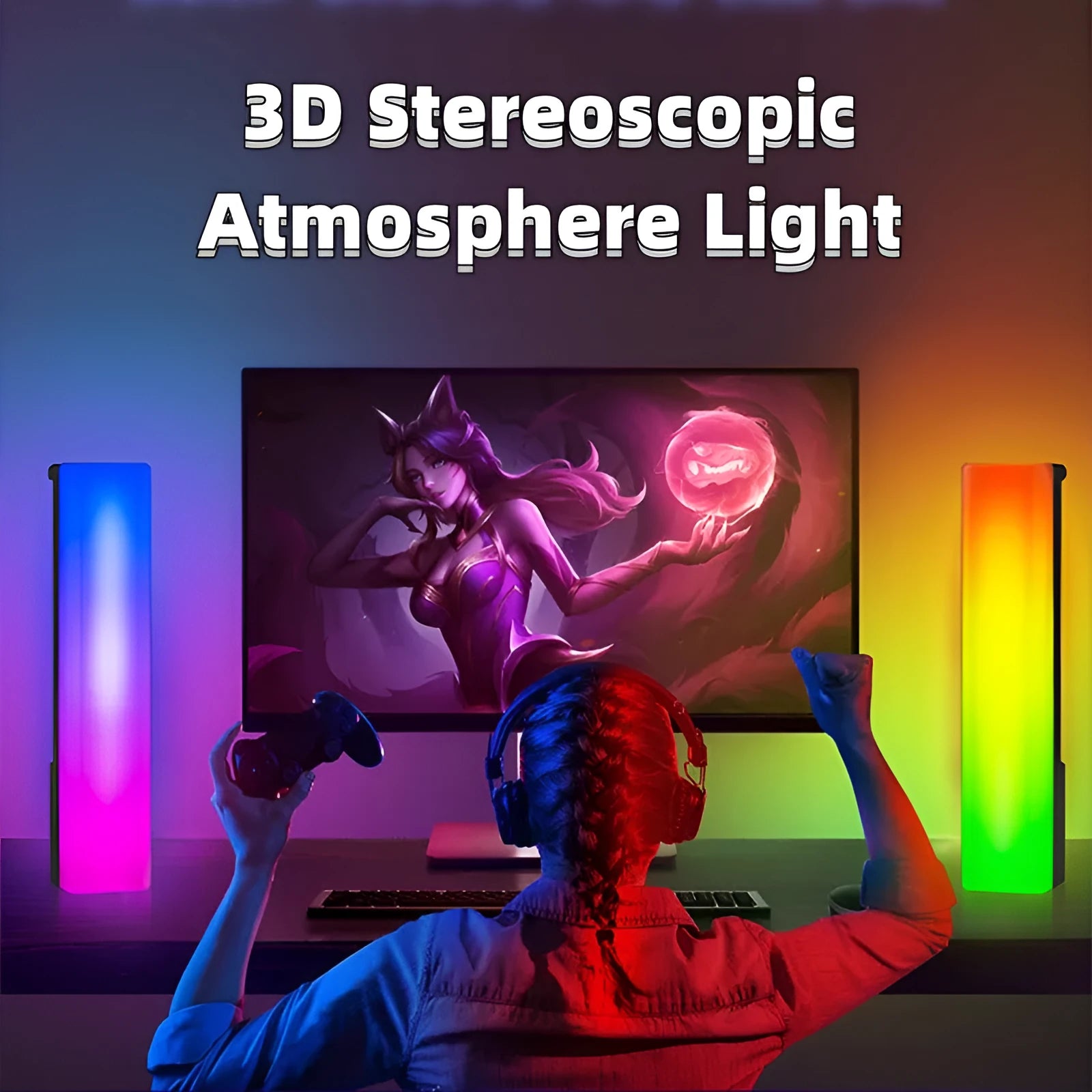3D RGB tabletop ambiance lamp with voice-activated rhythm lights in black or white shell.