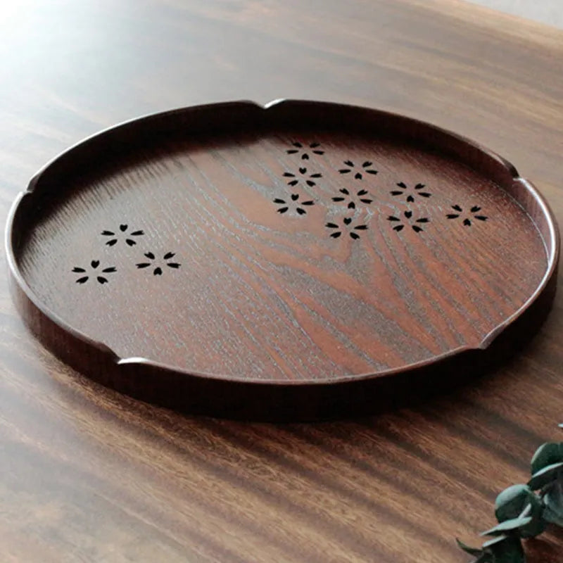 Wooden hollow Sakura shallow plate with cherry blossom cut-out pattern for dessert serving