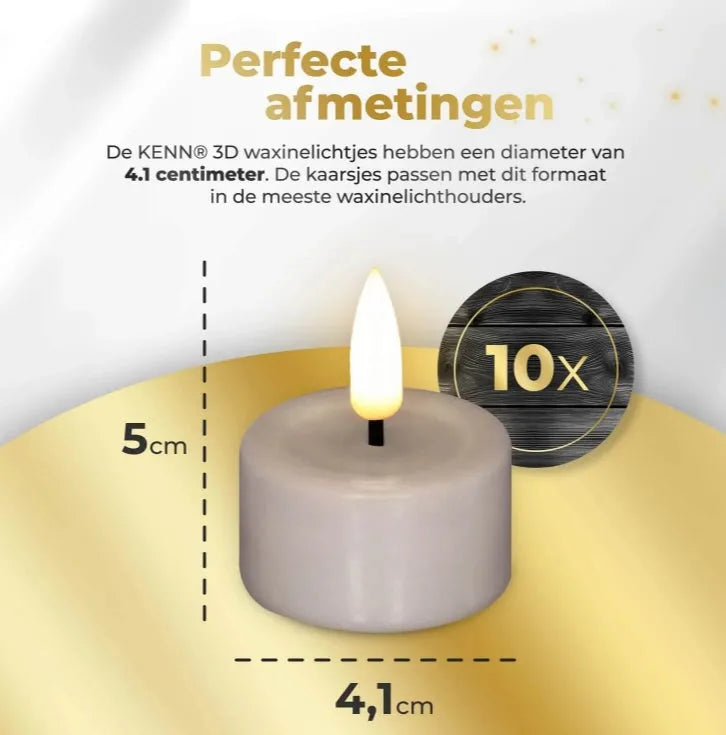 Four taupe coloured S10 LED tealight candles with a realistic 3D flame effect, showing scale.