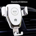 Black car wireless charger mounted on vehicle ventilation hole showing iPhone in automatic clamping mechanism