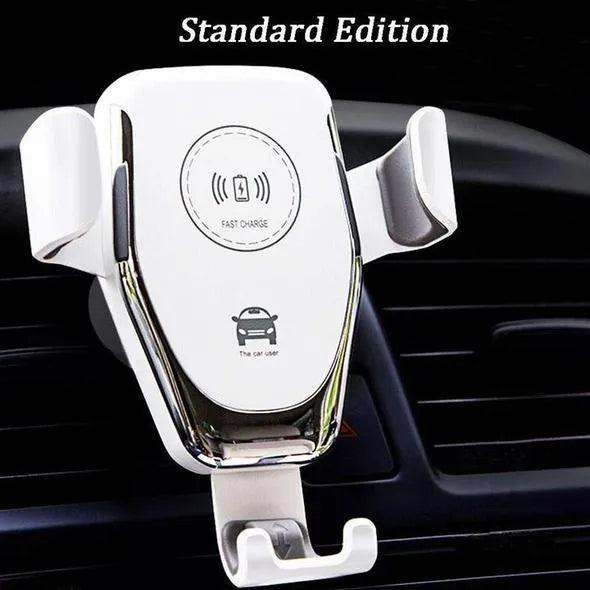 Black car wireless charger mounted on vehicle ventilation hole showing iPhone in automatic clamping mechanism