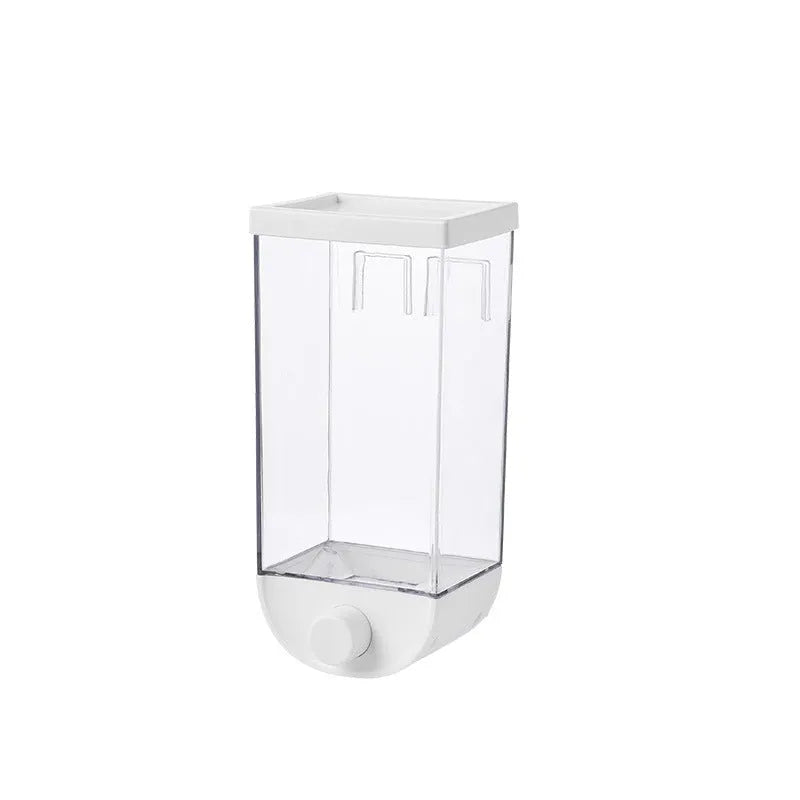 White wall-mounted transparent ABS easy press cereal dispenser with 1500ml capacity on a kitchen counter