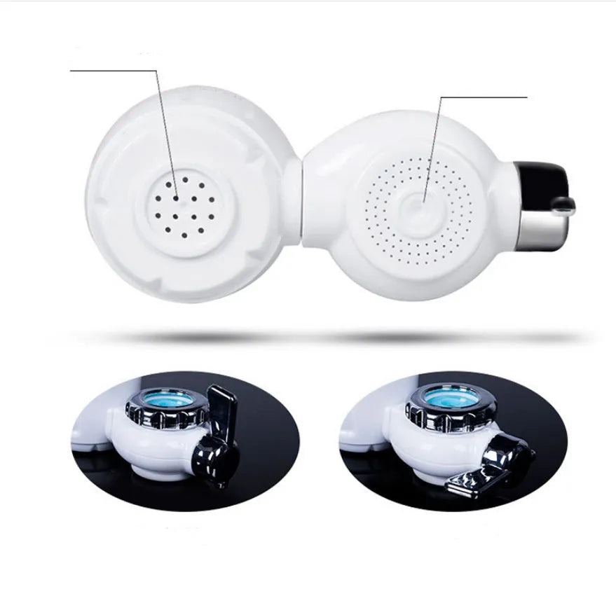 White plastic faucet-mounted water filter with switch control and ceramic cartridge