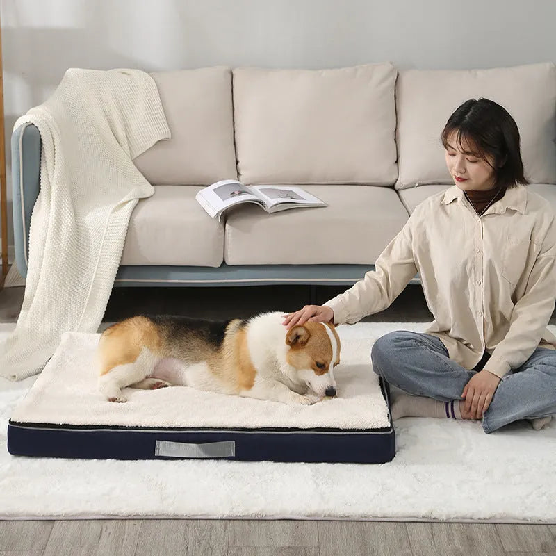 Removable cover memory foam dog mat in brown, shown in a 100x75cm size.
