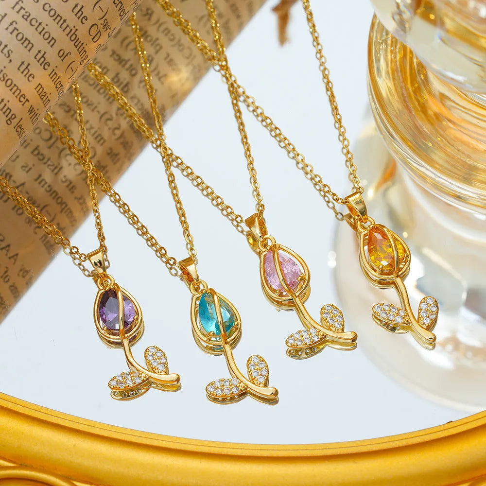 Women's zircon tulip necklace with gold finish and adjustable chain in five colour options
