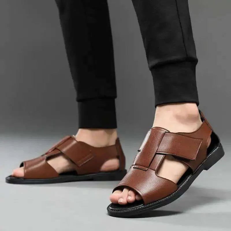 Men's black and brown leather casual sandals with open-toe design and rubber sole