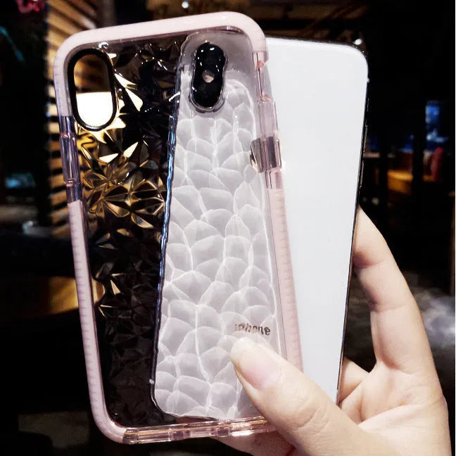 Simple striped TPU mobile phone case for iPhone shown in pink edge, white edge, and black border colour options.
