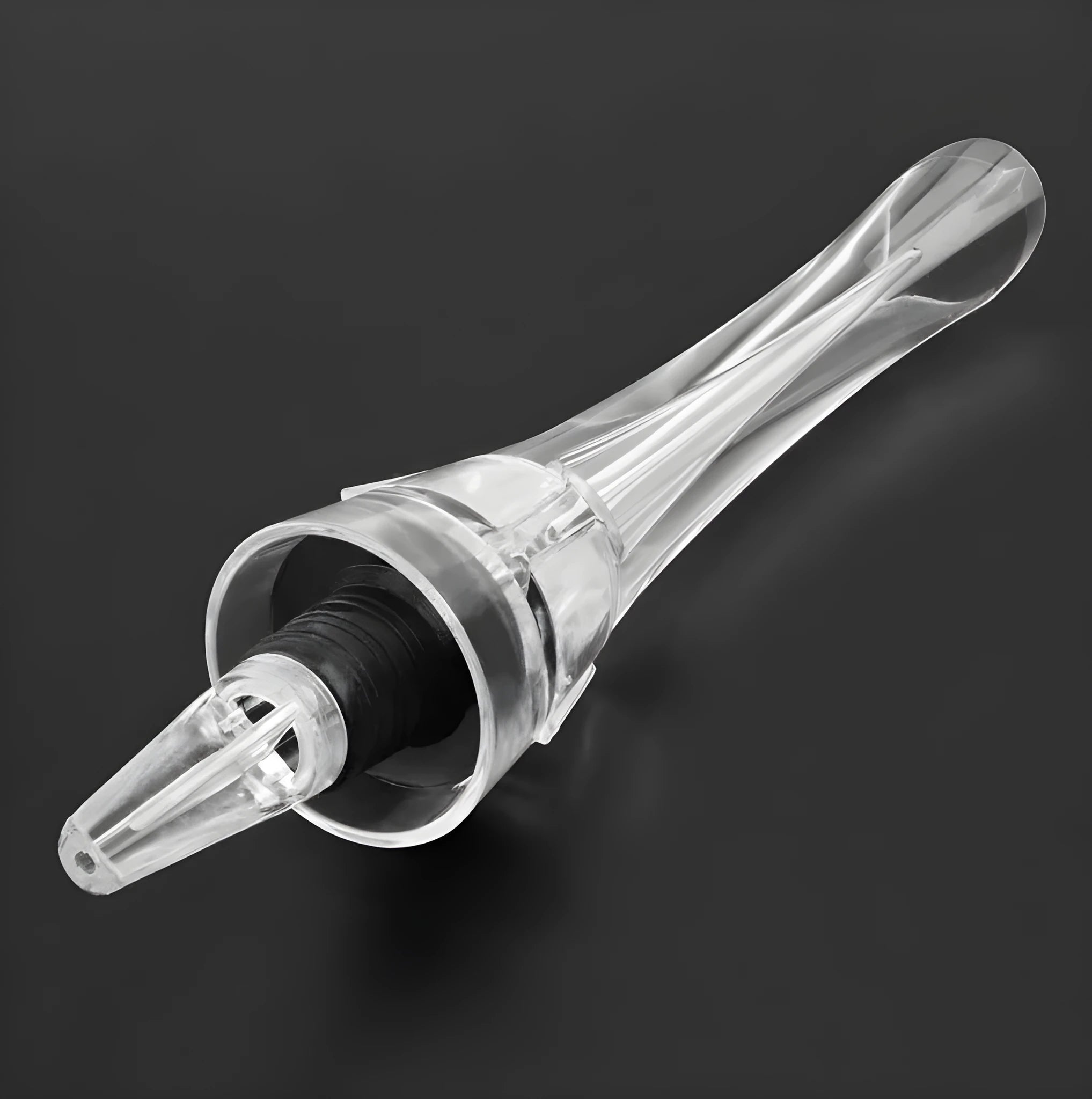Acrylic wine aerator with stainless steel filter, measuring 16cm by 4.2cm.