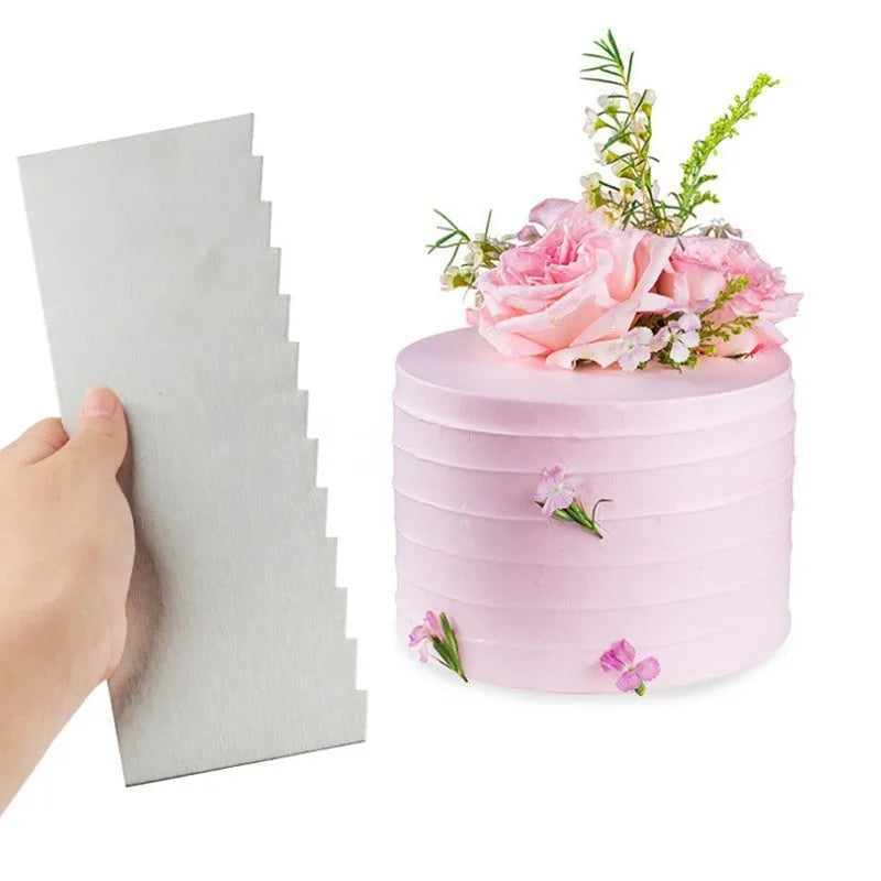 Stainless steel cake scraper with a polygon-patterned edge for decorating, shown with style options 1-6.