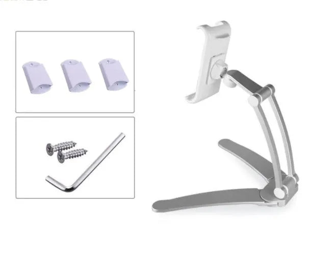 Silver aluminum alloy adjustable tablet stand holding a tablet with 360-degree rotation capability