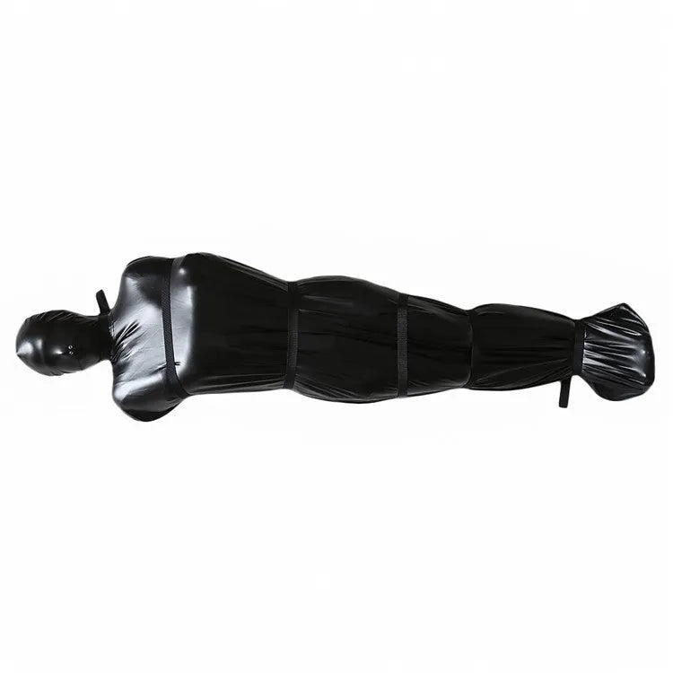 Black patent leather full-coverage body wrap with six ratchet tie down straps laid out.