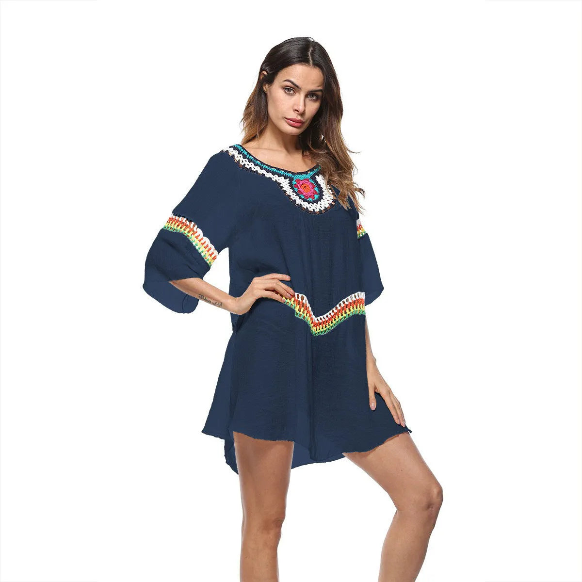 Crocheted ethnic style beach clothing for women in apricot colour with sun protection for swimming
