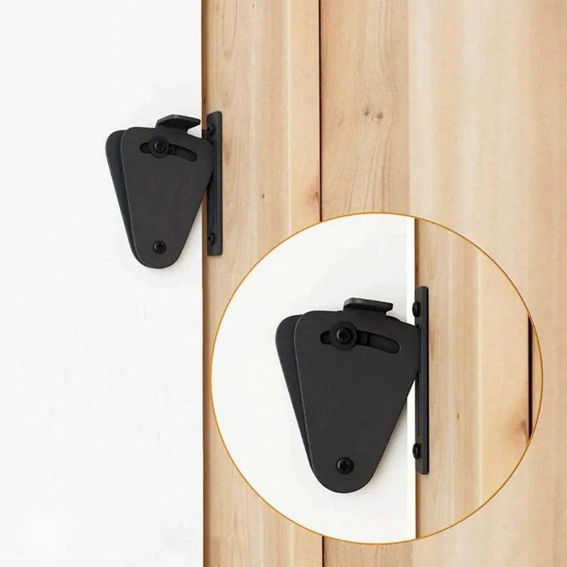 Black stainless steel sliding barn door lock shown with two size options.
