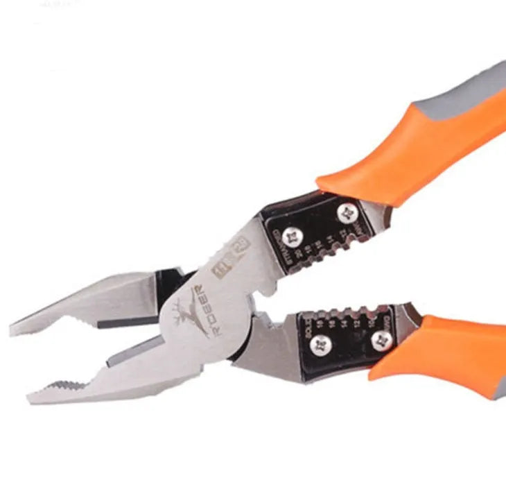 Orange-handled multi-function wire cutter pliers with chrome steel clamp head for stripping and cutting