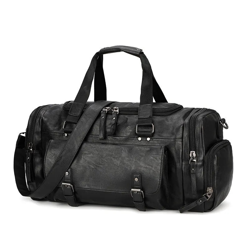 Large black travel bag with a separate shoe compartment, showing its size and durable PU fabric construction.