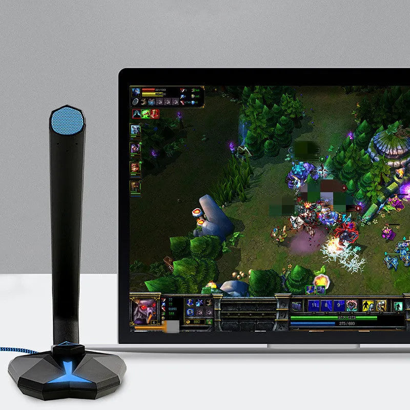 G33 USB gaming microphone in blue with omnidirectional capsule and mute button on desk