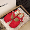Women's flat closed toe slippers in apricot colour with square head and rubber sole