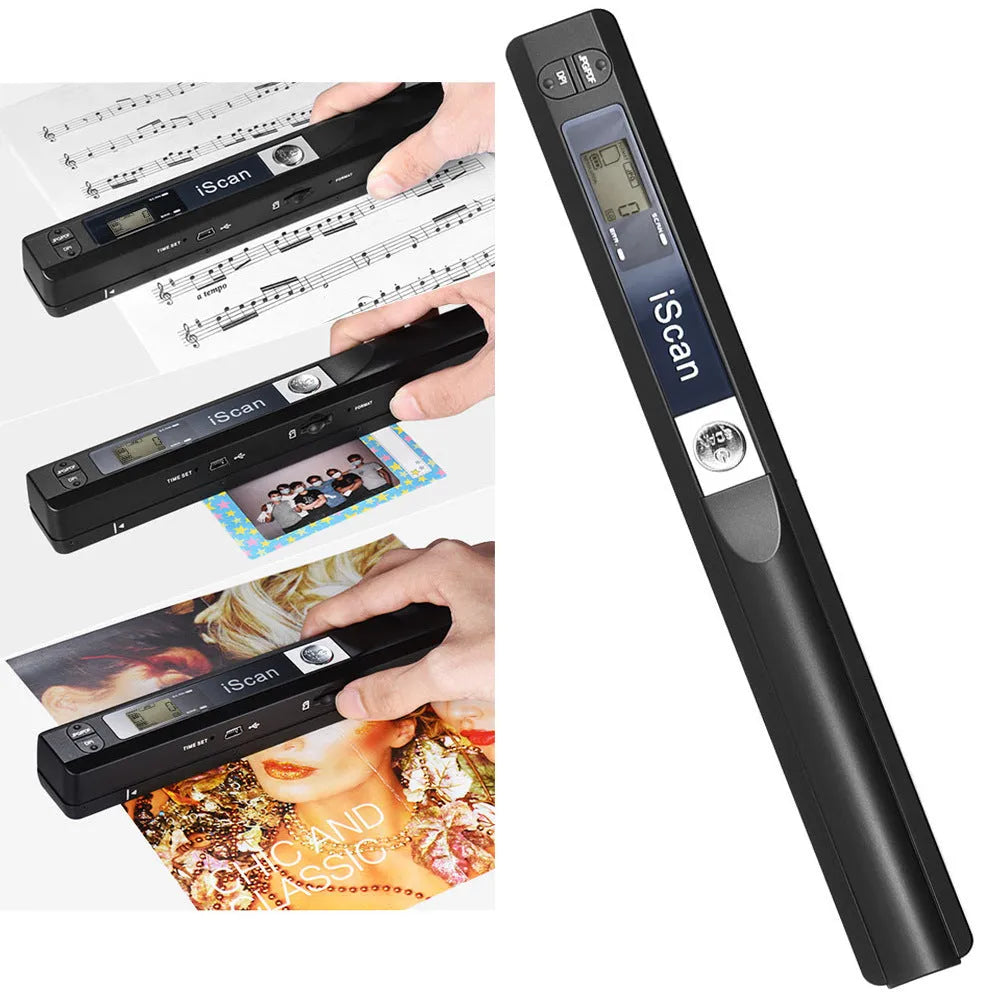 Handheld plastic scanner showing colour options: black, blue, green, red, and silver
