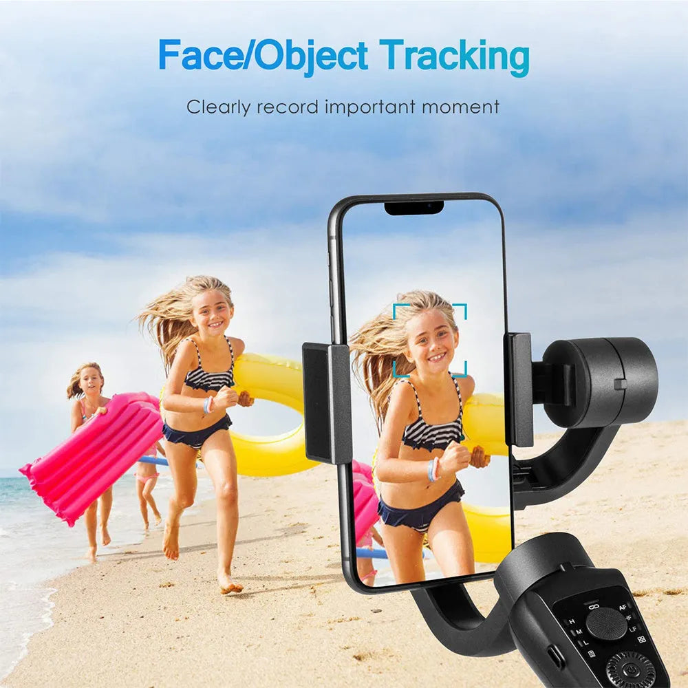 Black three-axis handheld gimbal stabiliser for mobile phones with hard case, soft case, and tripod.