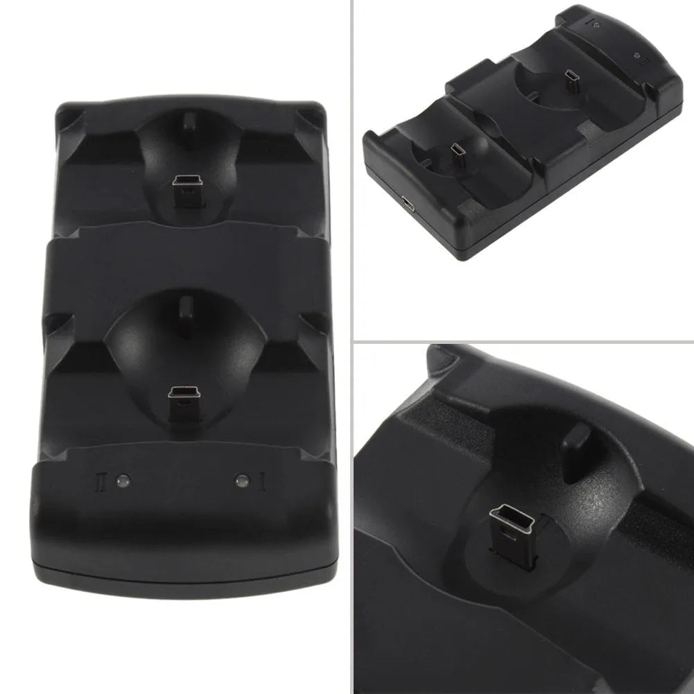 Black PS3 dual controller charging dock with two wireless controllers placed on it.