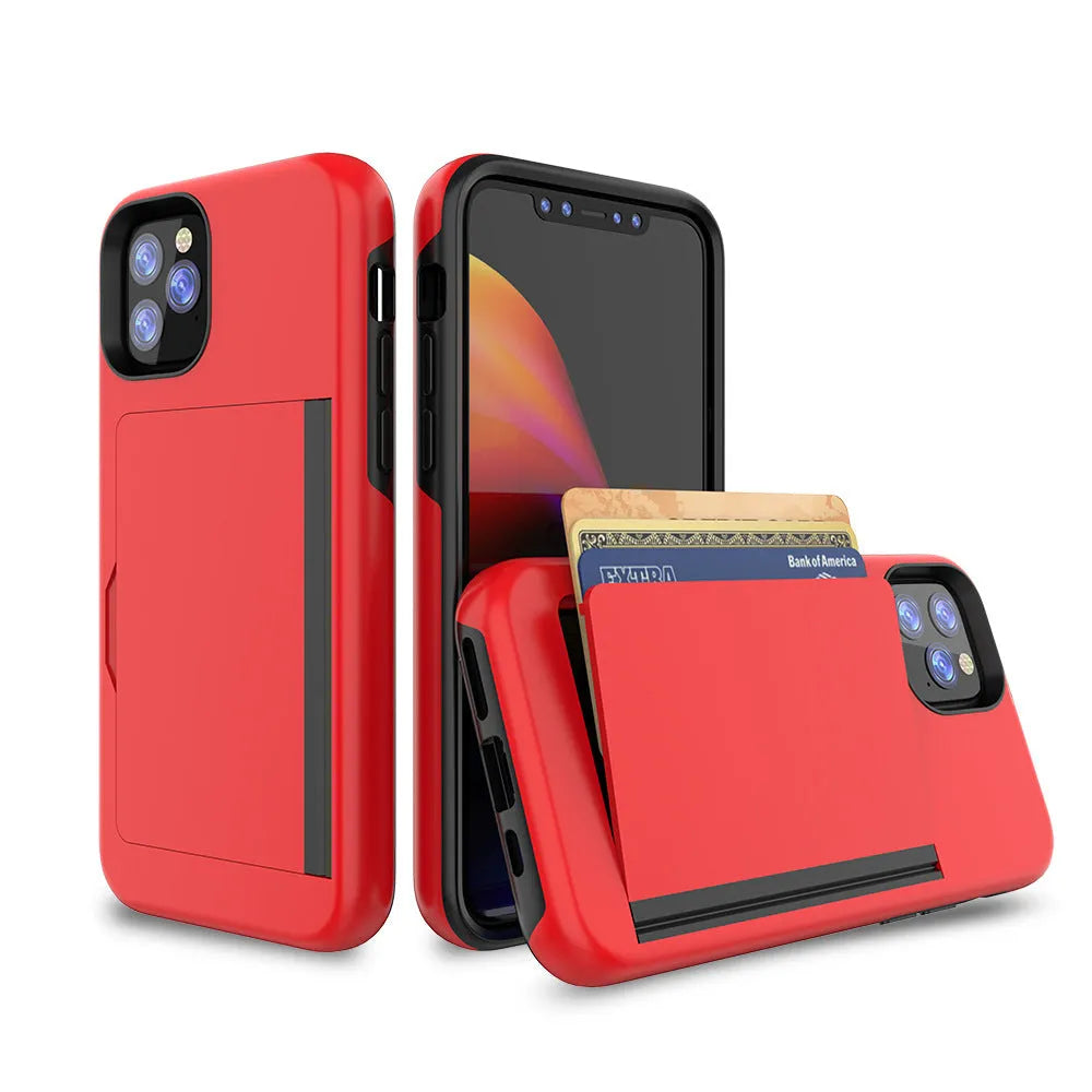 Simple solid-colour TPU and PC phone case for iPhone 11, shown in black, red, pink, dark blue, blue and purple.