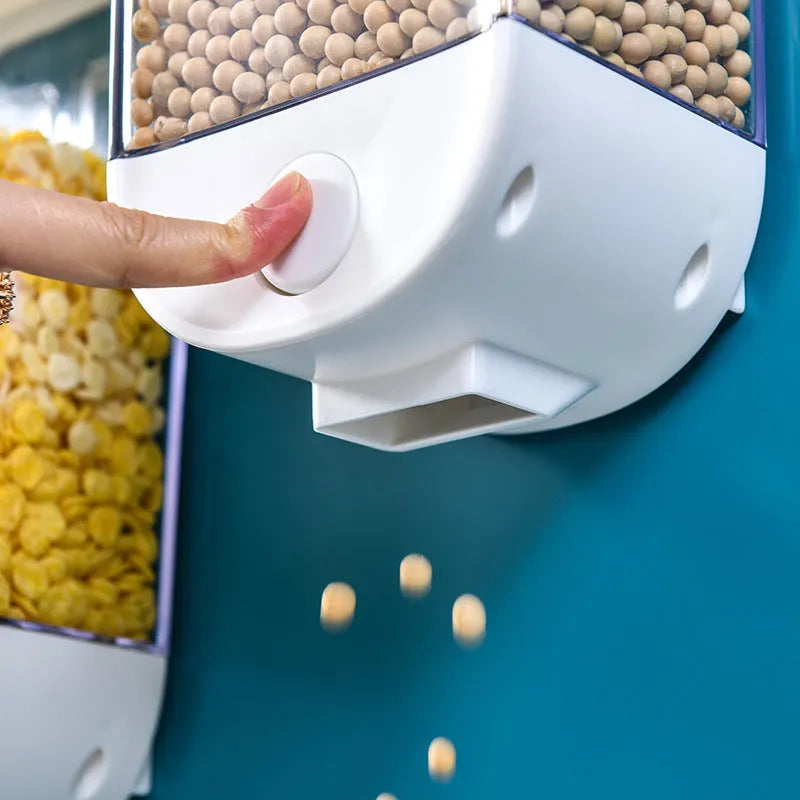 White wall-mounted transparent ABS easy press cereal dispenser with 1500ml capacity on a kitchen counter