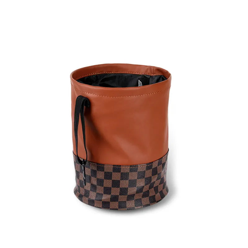 Leather retractable folding car trash can with handle