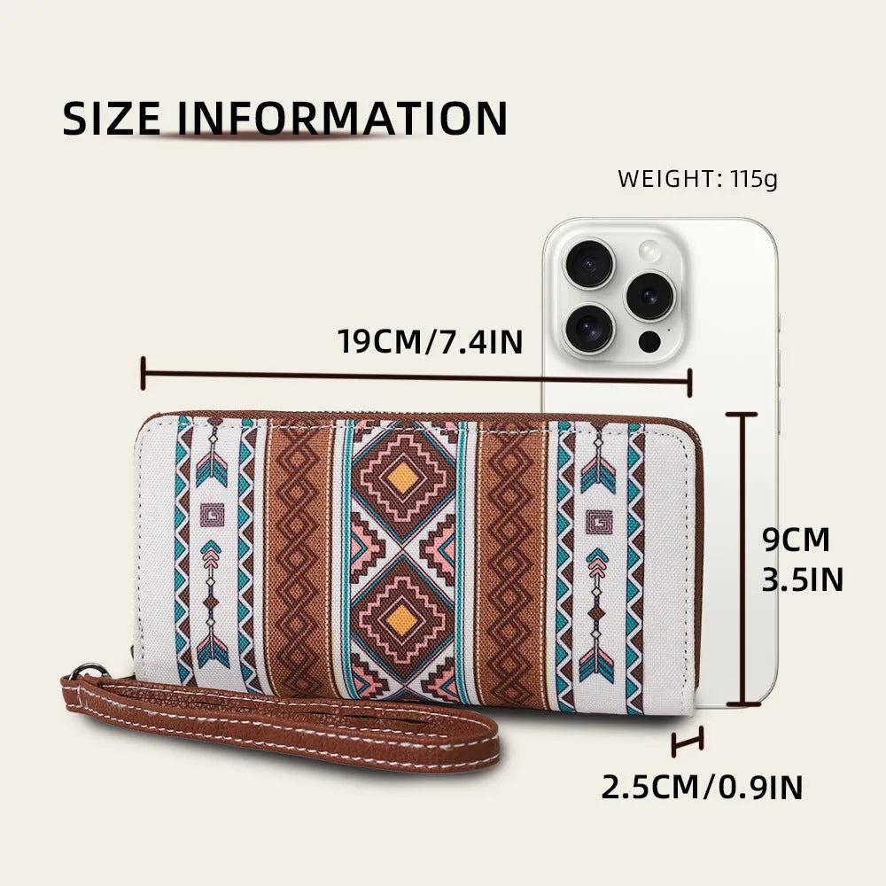 Bohemian striped canvas RFID blocking wallet with wind belt closure in beige colour