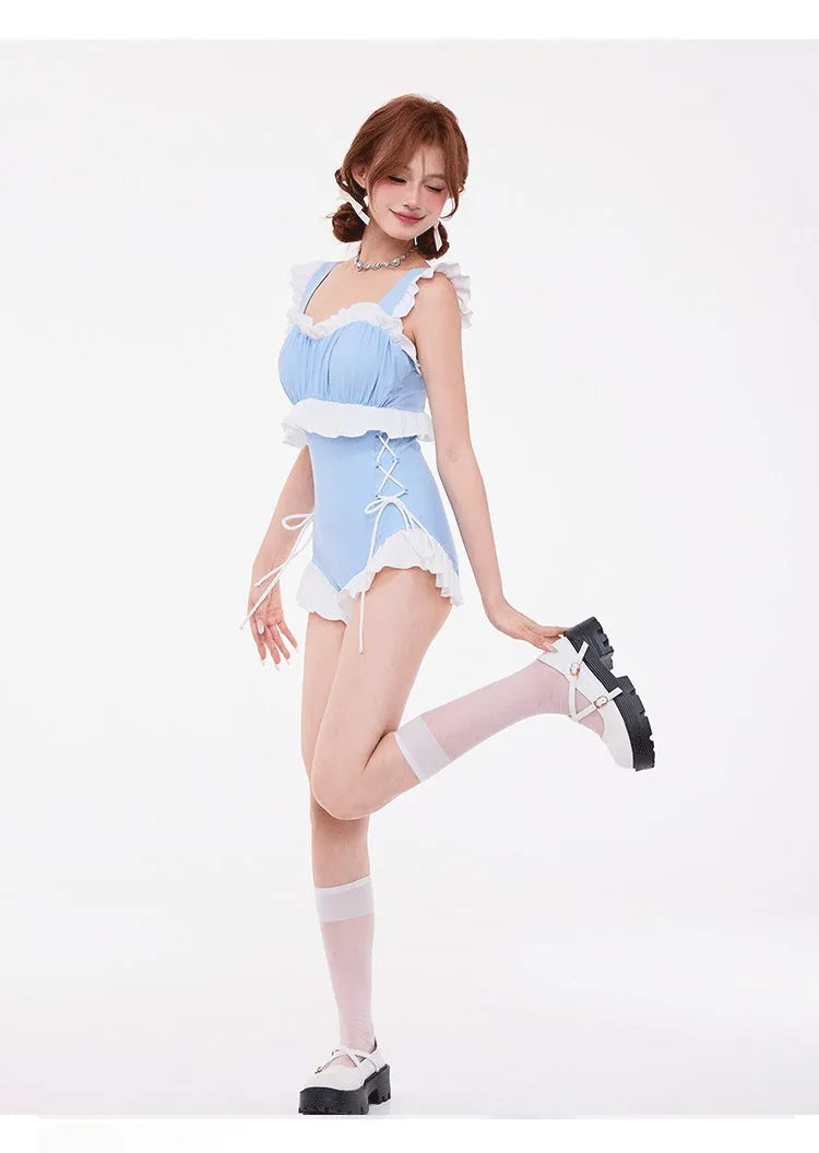 Light blue high waist one-piece swimsuit with lace detail and chest gather design