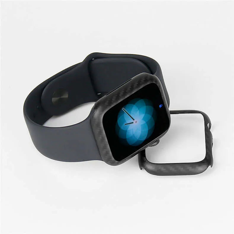 Apple Watch Series 4 carbon fibre reinforced leather case in bright black and matt black colours