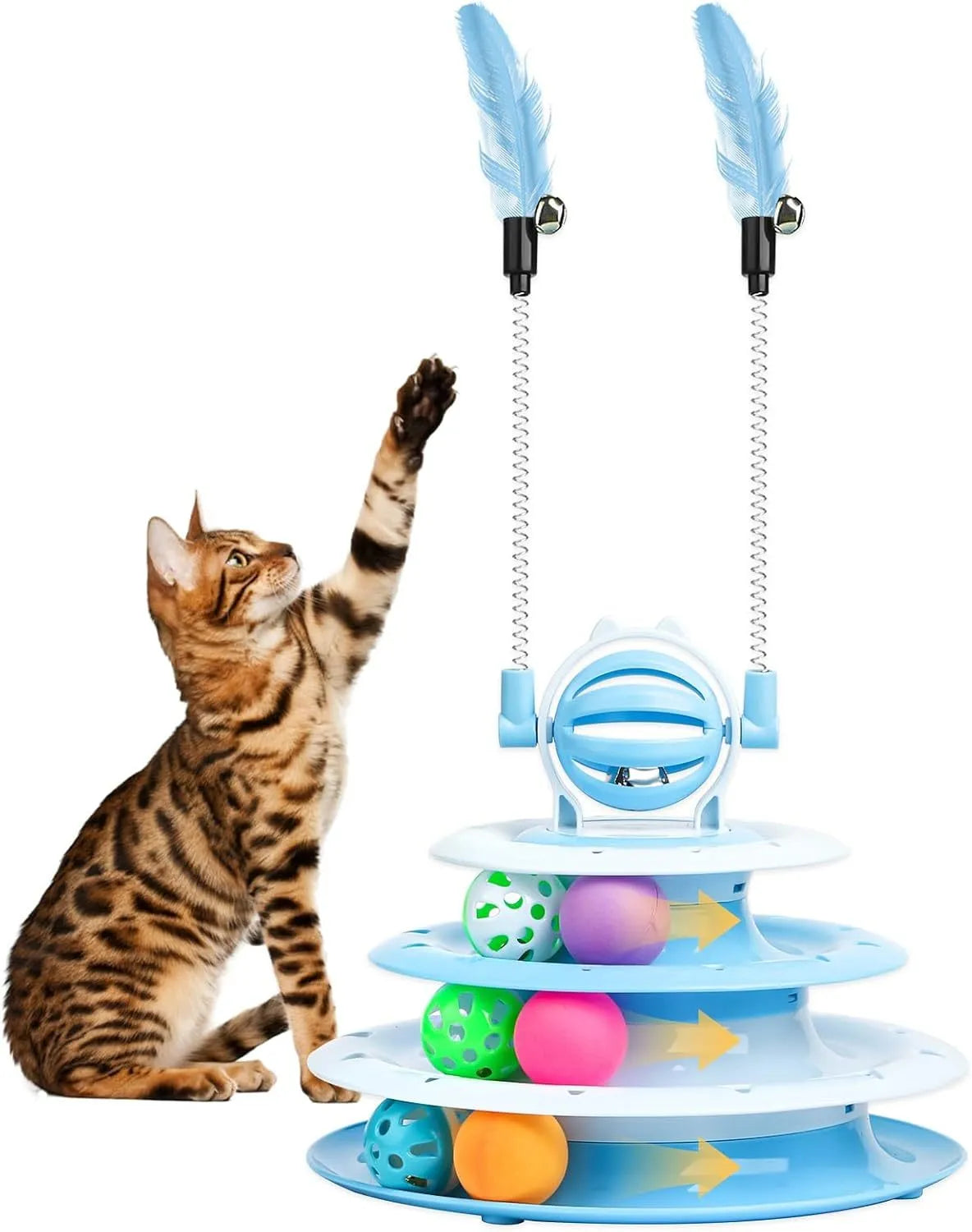 Blue 4-tier interactive cat puzzle toy carousel with six coloured balls and two teasing rods.