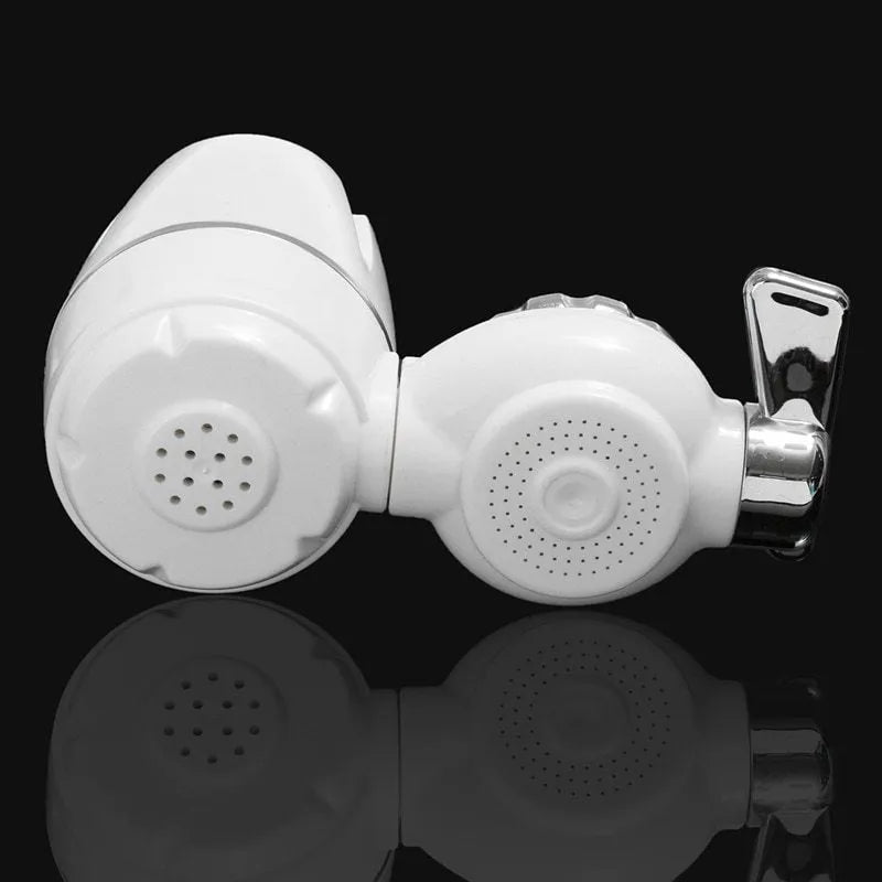 White plastic faucet-mounted water filter with switch control and ceramic cartridge
