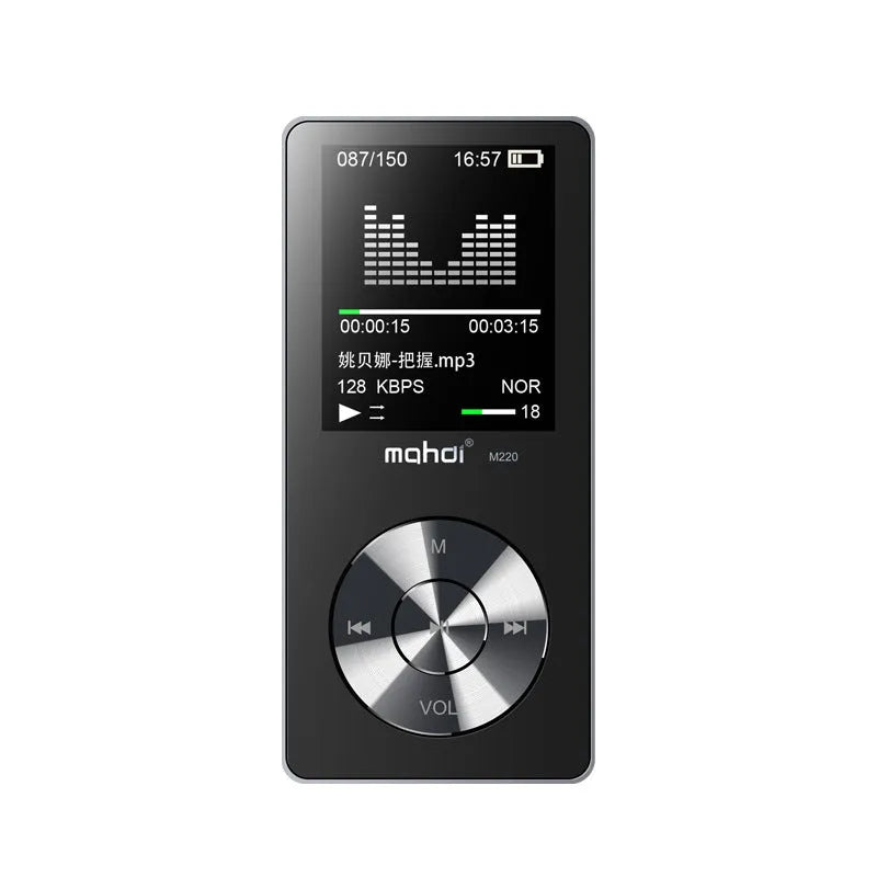 Gold coloured portable MP3 music player with a 1.8-inch screen showing a music menu.
