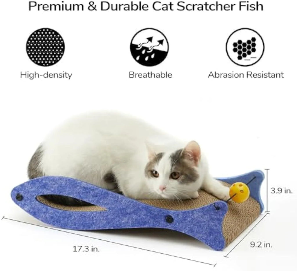 Blue fish-shaped cardboard cat scratcher lounge with bell toys on elastic cord