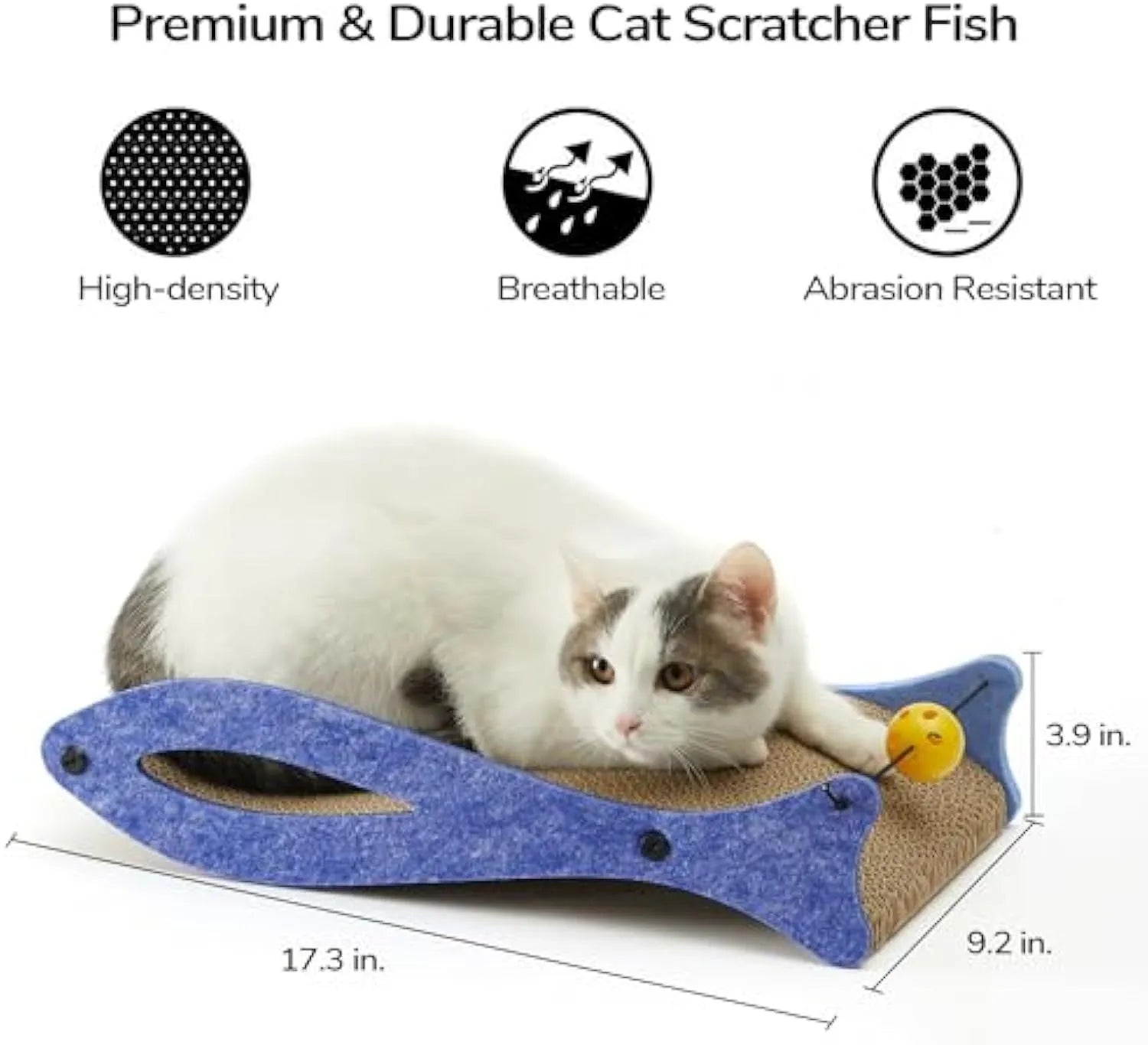 Blue fish-shaped cardboard cat scratcher lounge with bell toys on elastic cord