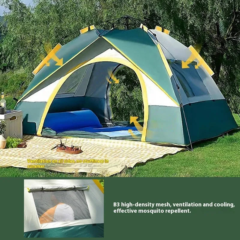Dark green silver glue automatic camping tent for 3-4 people with fibreglass poles
