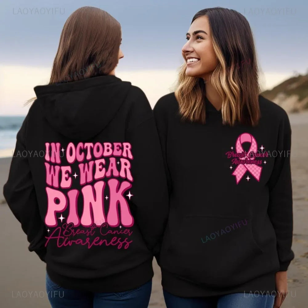 Pink Breast Cancer Awareness hoodie with retro hot stamp pattern and side seam pockets.